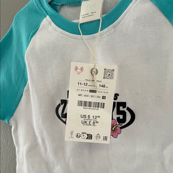 📚Zara Kids Raglan Tee - White and Teal - Picture 2 of 3